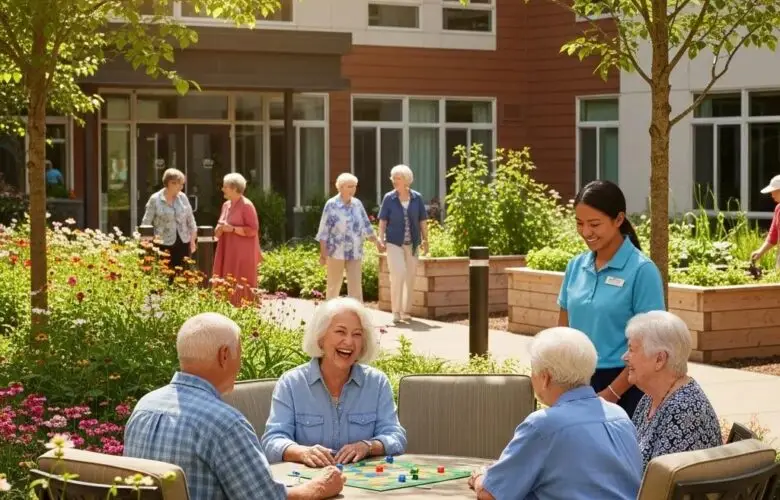 Senior living community with happy residents and staff, highlighting excellence in senior care